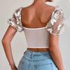 Casual V-Ausschnitt Shirt Mesh Kurzarm Crop Top Frauen bestickt ButterflyT-shirt rückenfreie Tank Top schlanke weibliche Crop Top Mode T-Shirt Y2k