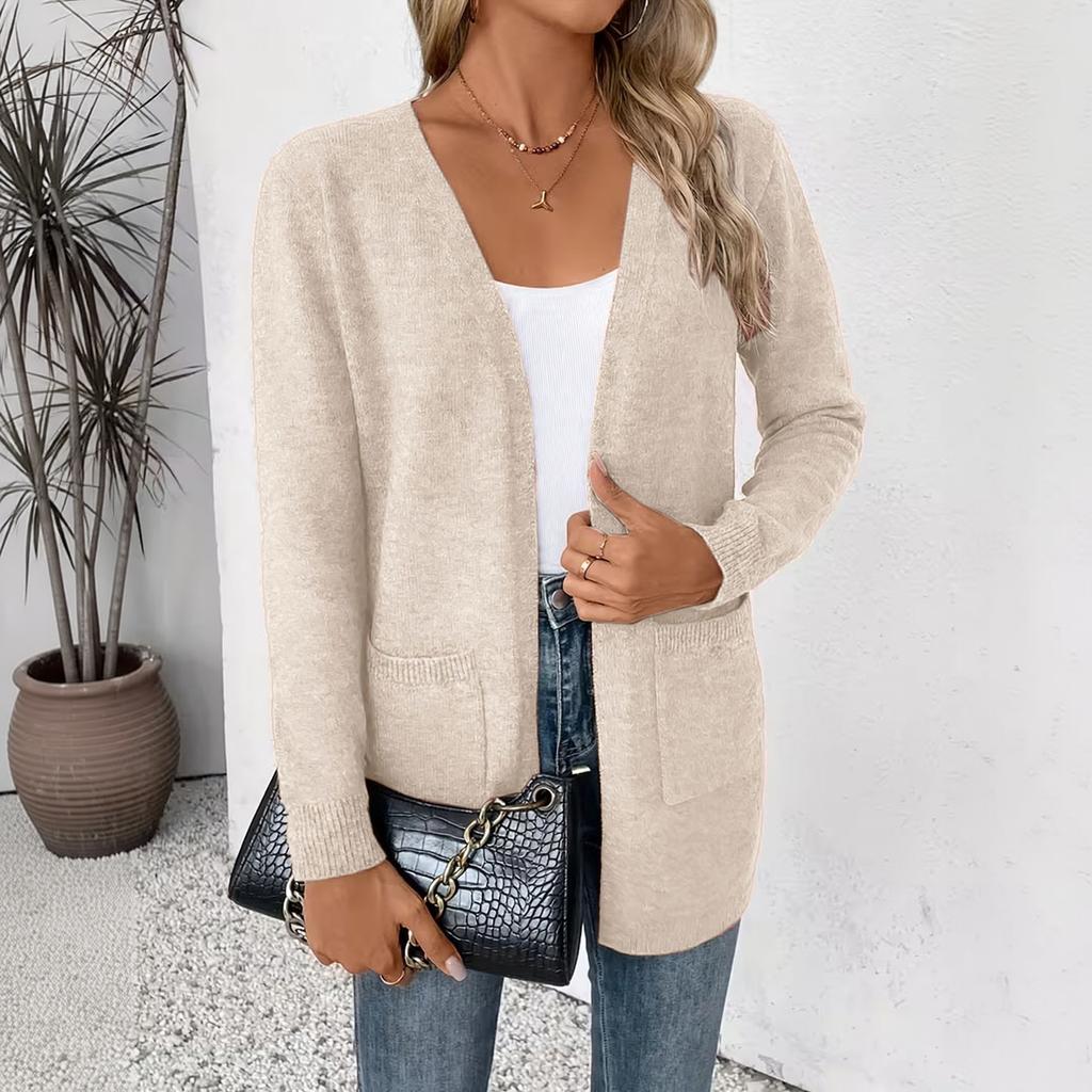 Women's Loose Fit Color Knit Cardigan with Pockets - Mid-Length Sweater for Daily Wear