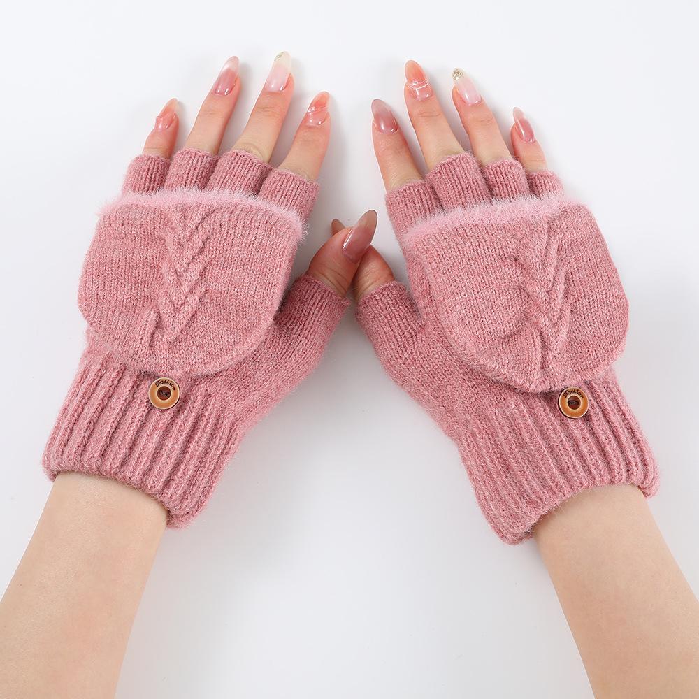 

1 пара осенне-зимних теплых шерстяных вязаных перчаток для женщин и девочек, утепленные флип-перчатки до половины пальцев, варежки