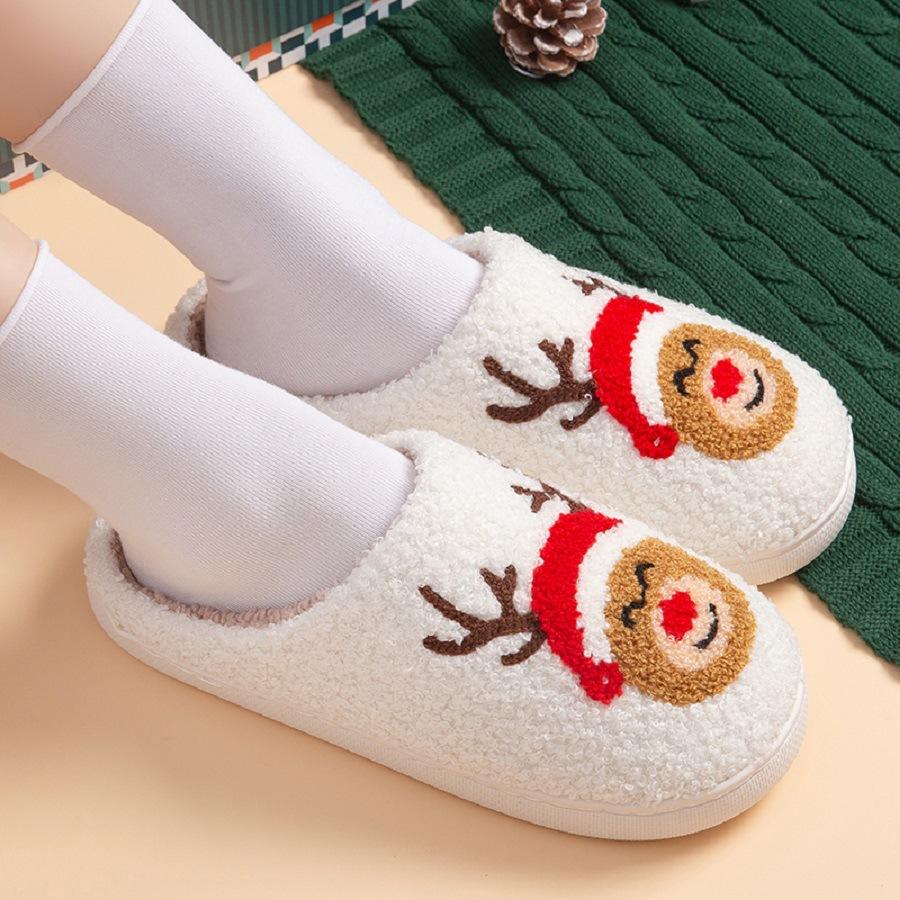 Niedliche Geweih-Weihnachtselement-Baumwollpantoffeln für Damen, Samt, verdickt, für zu Hause, warm, Herbst- und Winterpantoffeln, neutral