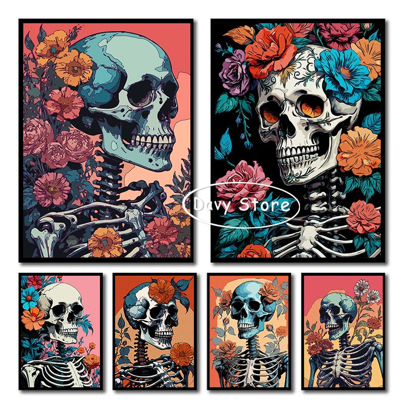 Vintage Floral Skeleton Skulls Pop Art Posters and Prints Canvas Painting Wall Picture for Living Room Home Decoration Cuadros