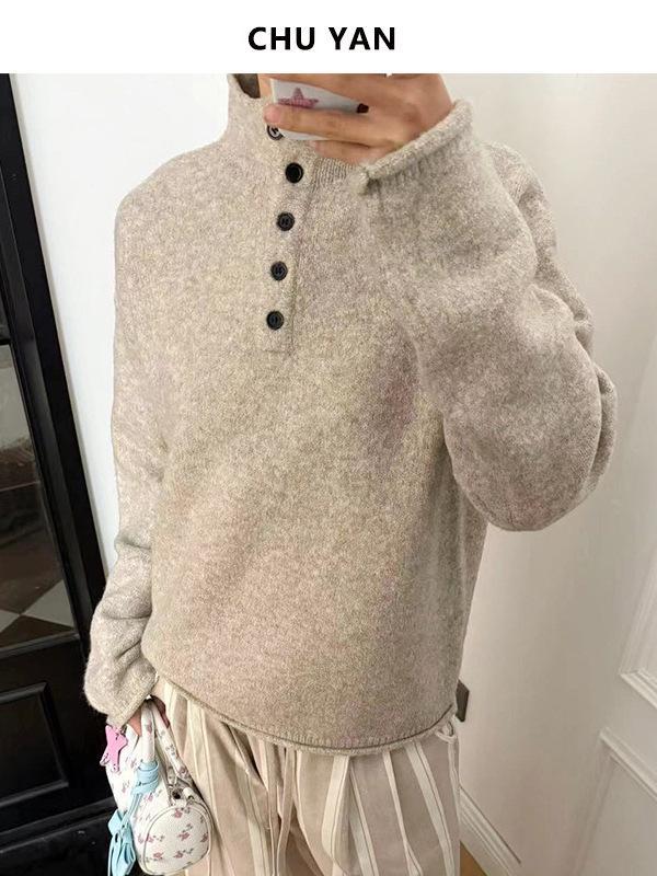 Women's Wool Henley Button-Up Loose Sweater - Autumn/Winter Lazy Style with Rolled Hem, Thick Knit
