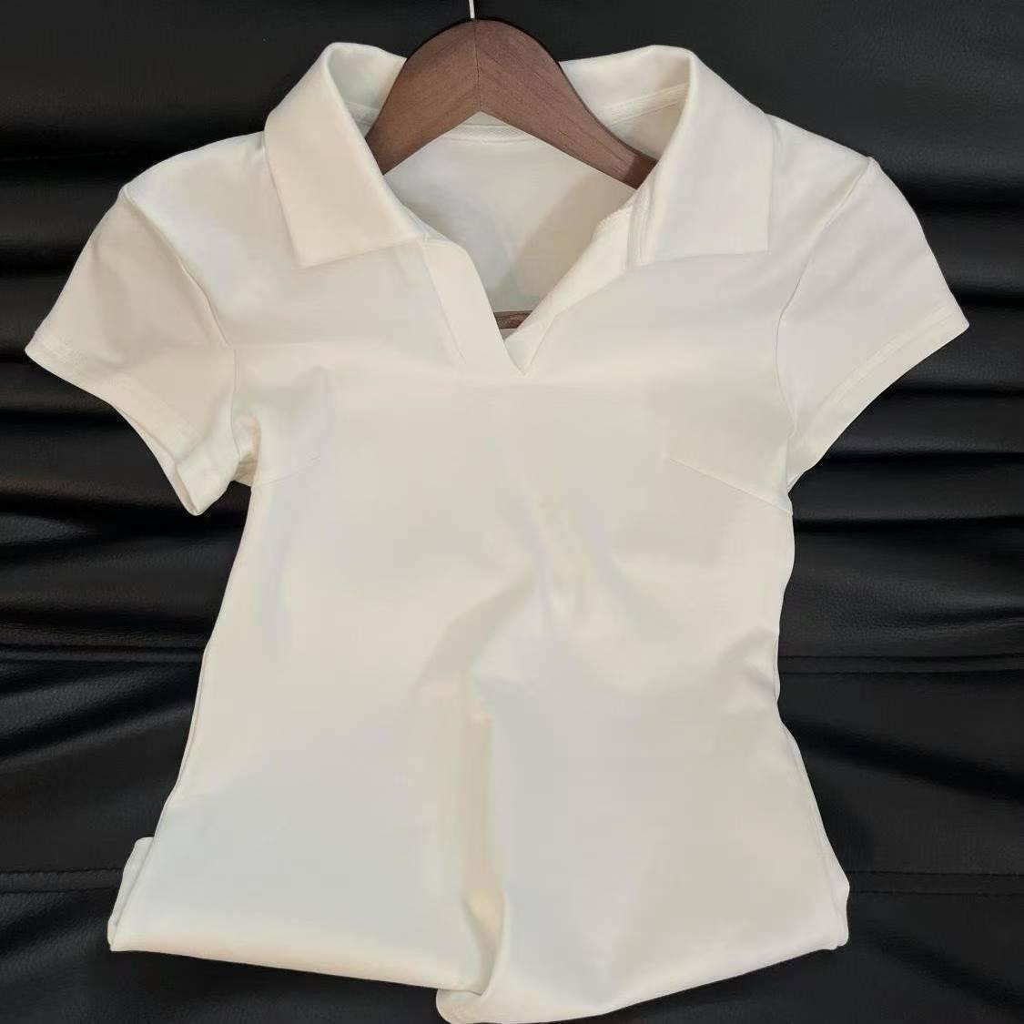 

Women s Solid Color Waist-Hugging Lapel T-Shirt: Slimming Short Sleeve Summer Design