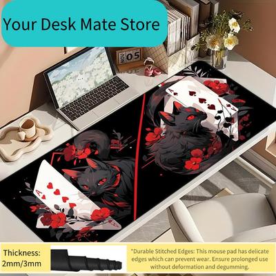 Black Cat Red Heart A Card Mouse Pad Desk Mat with Stitched Edge Rubber Anti-slip Base Pc Accessories Gaming Mat Mouse Pads