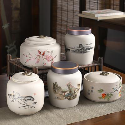Coarse Pottery Tea Pot with Water Painting Ceramic Sealed Pot Tea Box Candy Storage Pot Decoration Home Decoration Tea Storage