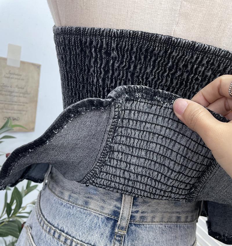 Women's Denim Bandeau: 2026 A-Line Short Sleeveless Top with Divided Stitching and Cinched Waist.