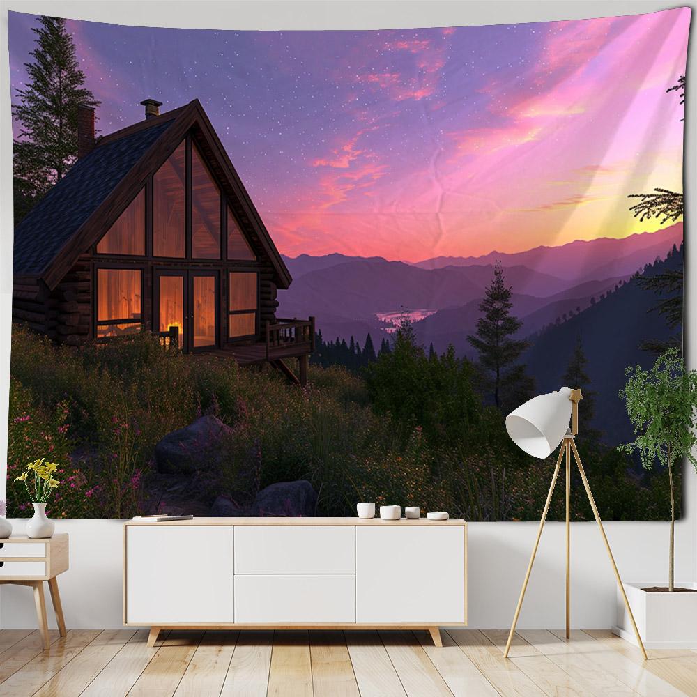 Forest Wooden House Tapestry Hanging Wall, Snow Mountain Landscape, Bohemian Tapestry, Hippie Living Room Wall Background Cloth