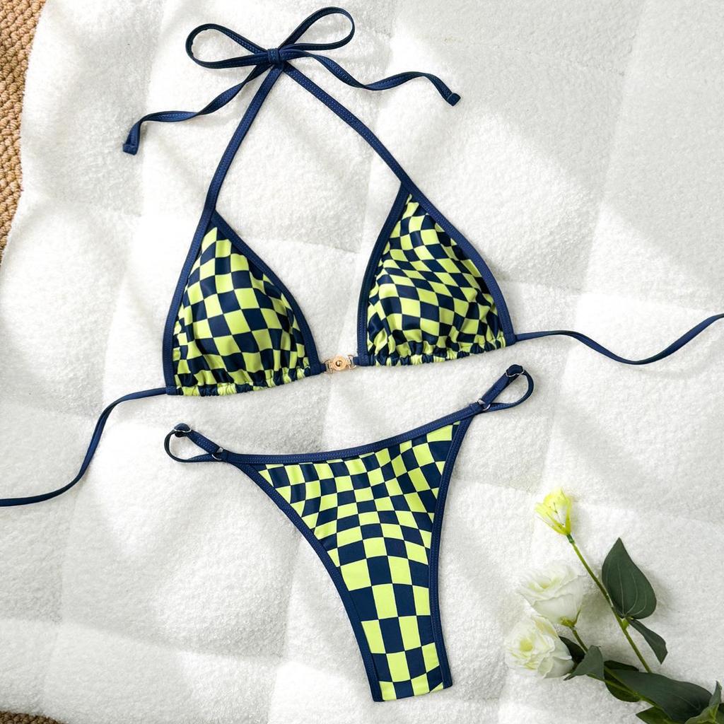 Kariertes Spitzen-Dreiecks-Bikini-Badeanzug mit Brustpolster - Sexy Europäischer und Amerikanischer Stil für Damen