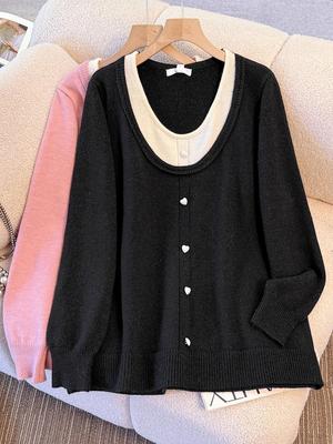 Damen Strickwaren Übergröße: Herbst/Winter Langarm Alter-reduzierender Pullover, Faux-Zweiteiler-Oberteil für 130-300 Jin