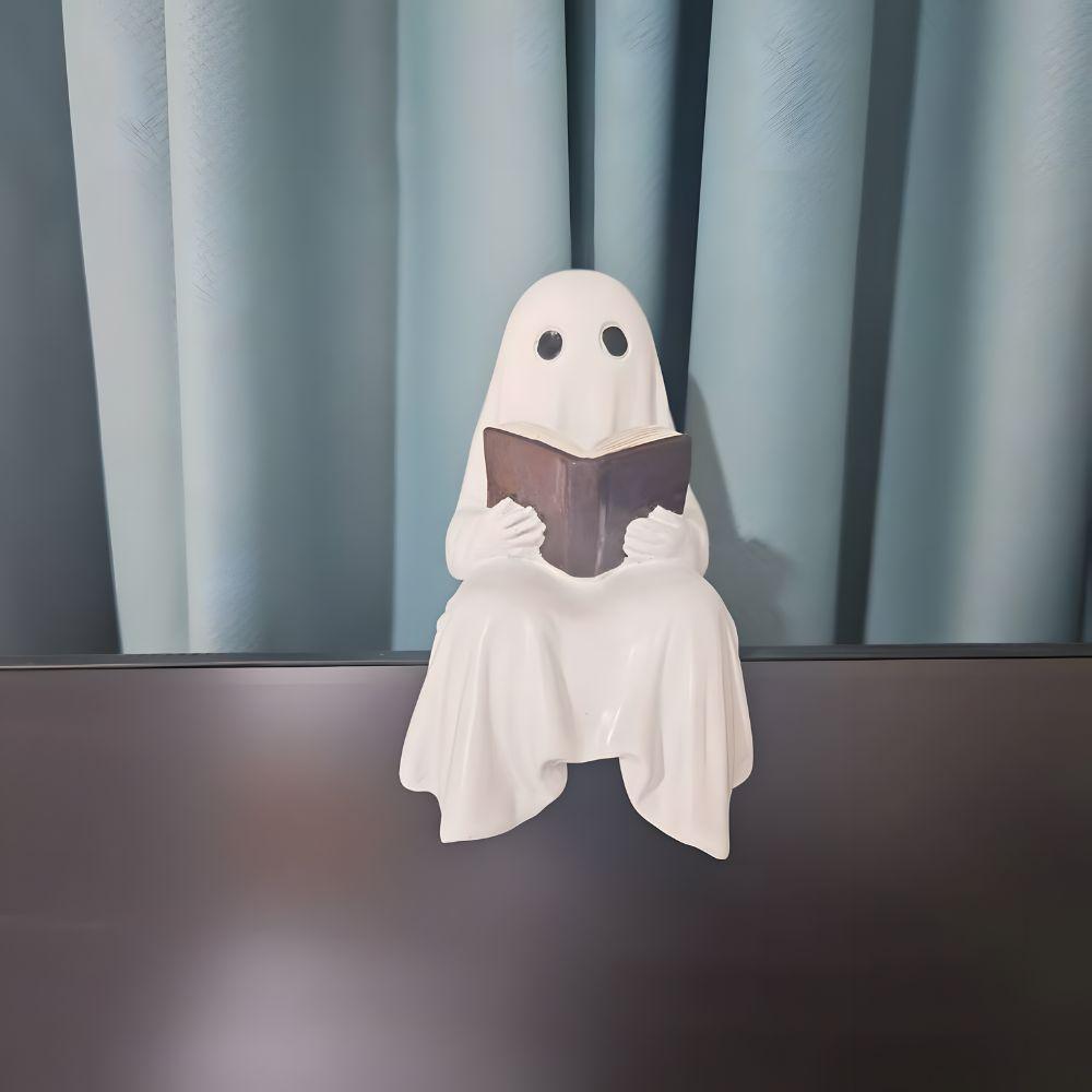 Halloween Ghost Figurine, Ghost Reading Statue Resin Sitting Ghosts Figurine