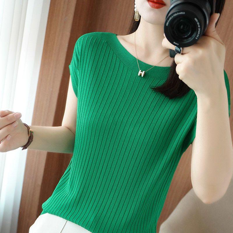 Women's Clothing Elegant All-match Solid Color Ice Silk T-shirt Summer Female Korean Simplicity Loose Short Sleeve Tops