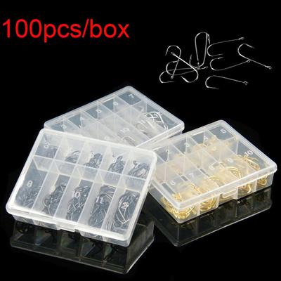 100 Pièces 1 Boîte Acier au Carbone Haute Qualité 10 Tailles Durable Tête Hameçon Hameçons de Pêche Appât à Poisson