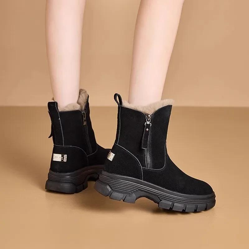 Women's ankle boots  new winter solid color plush female snow boots zipper thick bottom anti slip warm cold proof cotton sh
