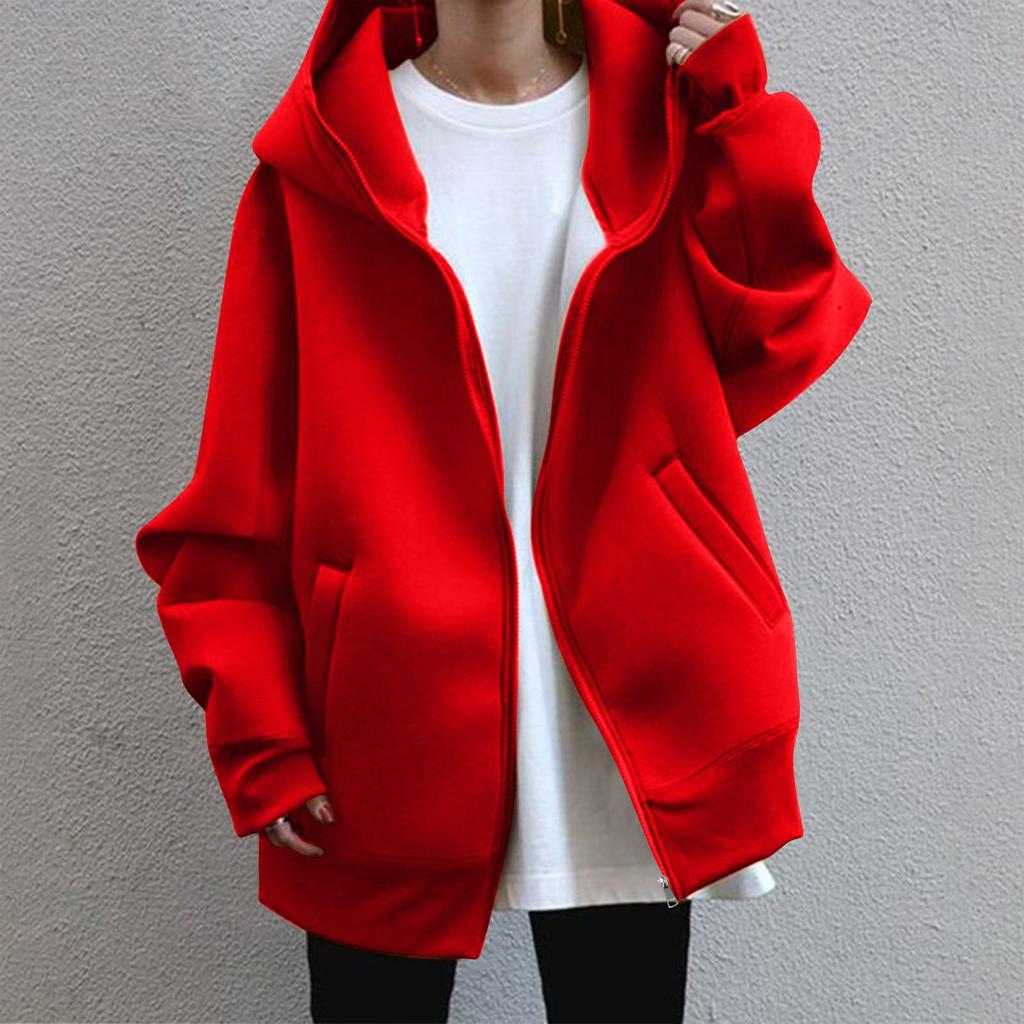 Spring and Autumn Four Seasons Women's Casual Loose Long Sleeve Zip-up Hoodie with Long Lining Coat
