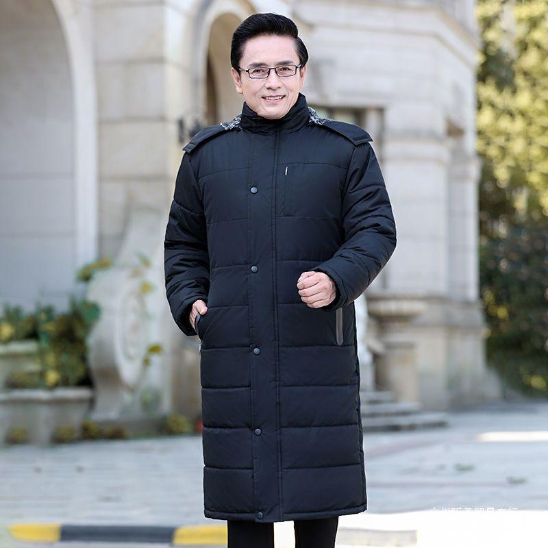 Extra Long Winter Jacket for Middle-Aged & Elderly Men - Thickened, Fleece-Lined, Grandpa Style, Warm Cotton Padded, Over-the-Knee Design