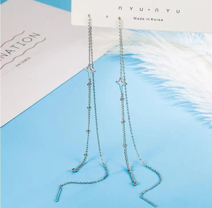 Vintage  Sterling Silver Bar Long Thread Tassel Drop Earrings for Women Glossy Star Star Earring Fashion  2025 New