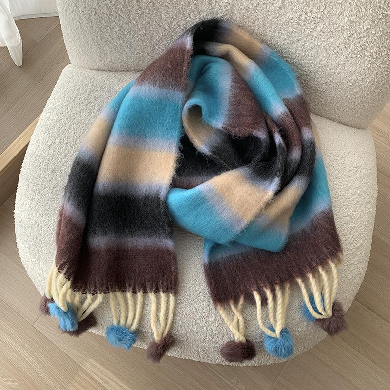 Dopamine Color Striped Handmade Hairball Warm Scarf Women's Winter Thickened Cold-proof Couple Scarf Shawl