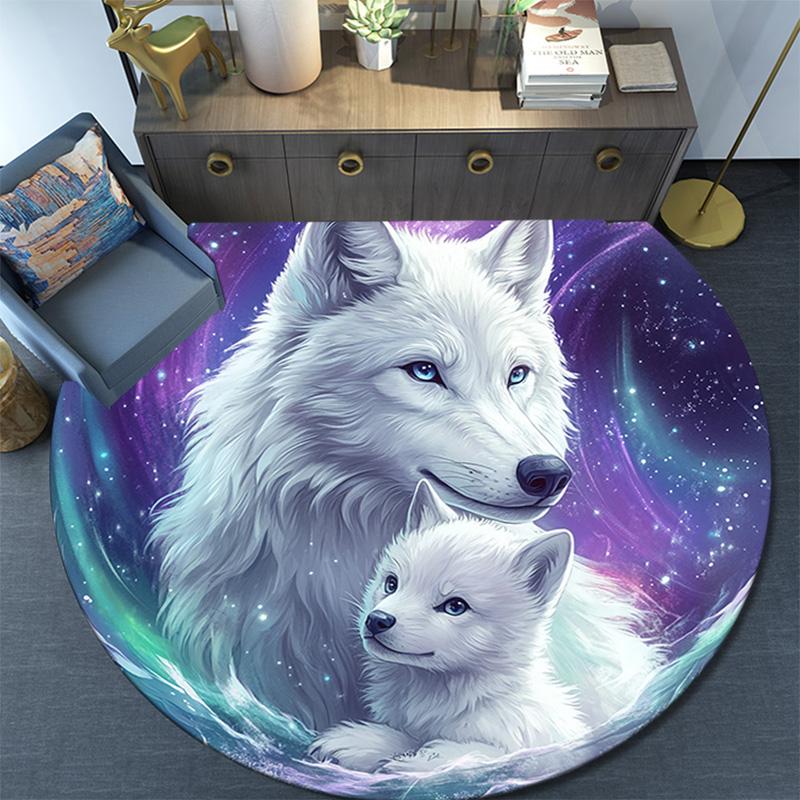 Weißer Wolf Runder Teppich, Teppich für Wohnzimmer Schlafzimmer Sofa Spielzimmer Dekor, Rutschfeste Bodenmatte