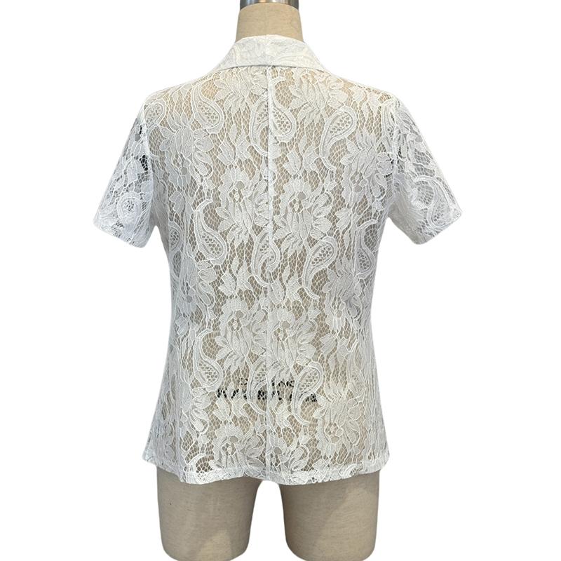 Ladies Short Sleeve Tailored Collar Lace Hollow Out Solid Color Cardigan Jacket Suit Coat