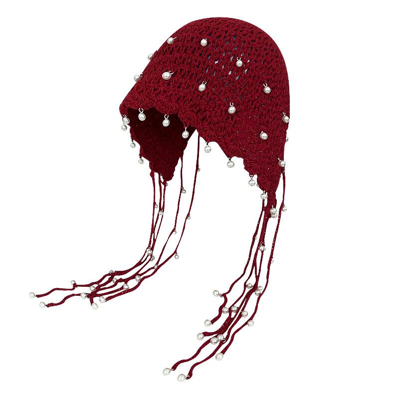 Handmade Knit Artistic Hat With Decorative Pearls And Bright Floral Patterns For Outfits Spring