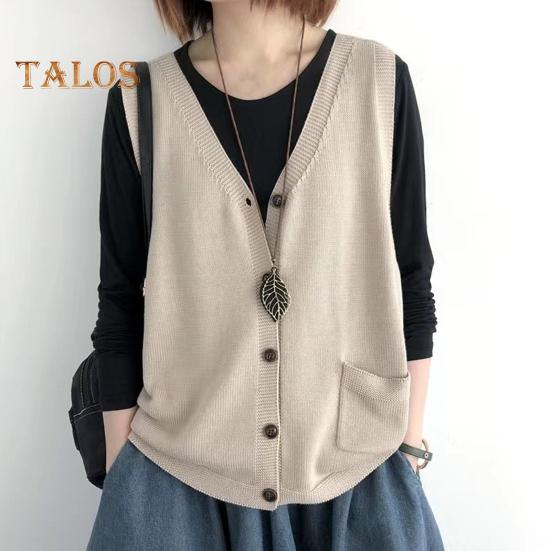 Damska kamizelka dziewiarska z dekoltem w serek, bez rękawów, jednorzędowa, ciepła, jednokolorowa, luźna, dzianinowa, bezrękawnik z kieszeniami