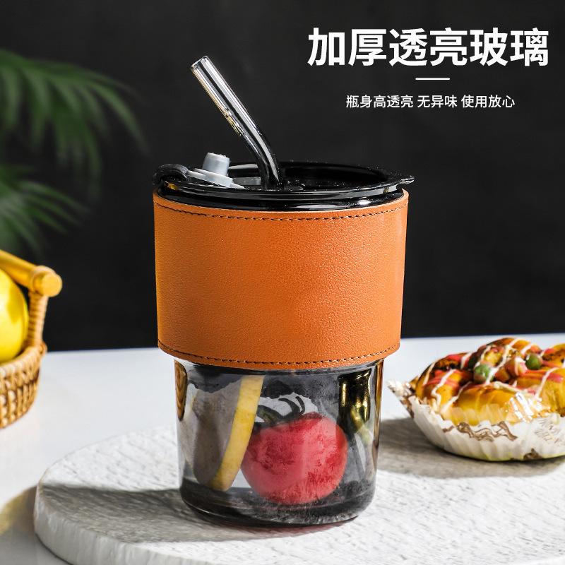 Bamboo Cup Creative Transparent Glass Straw Cup Portable Feng Shui Cup With Lid Milk Coffee Cup