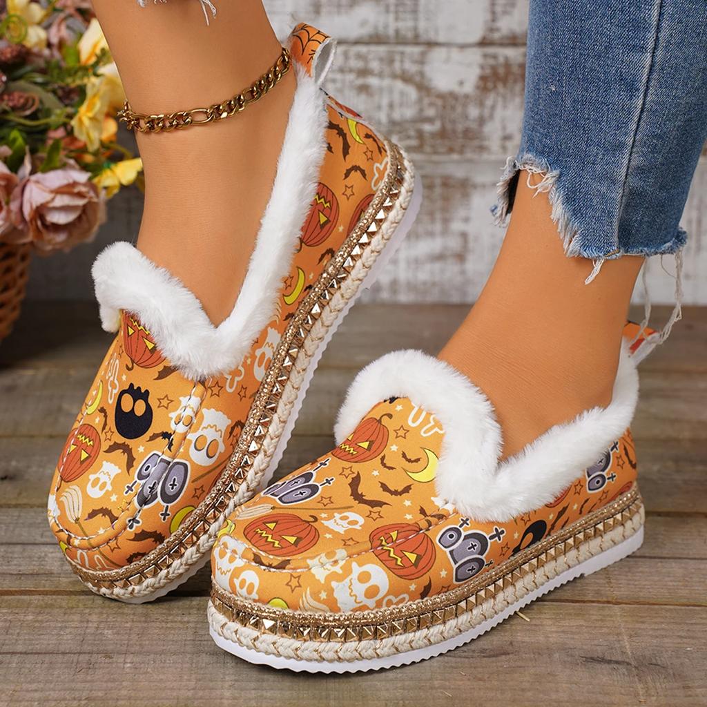 Fashion Halloween Flats Women Shoes Random Print Fur Warm Loafers 2025 New All Saints' Day Party Casual Cozy Cotton Shoes Mujer Zapatos