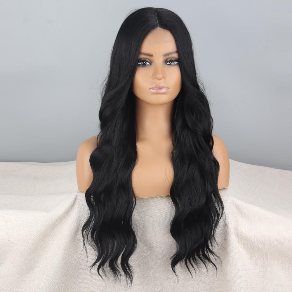 LISI HAIR Women Long Wavy Natural Black Lace Front Wig Without Bangs Synthetic Fiber Water Wave Daily Wear Cosplay Wig