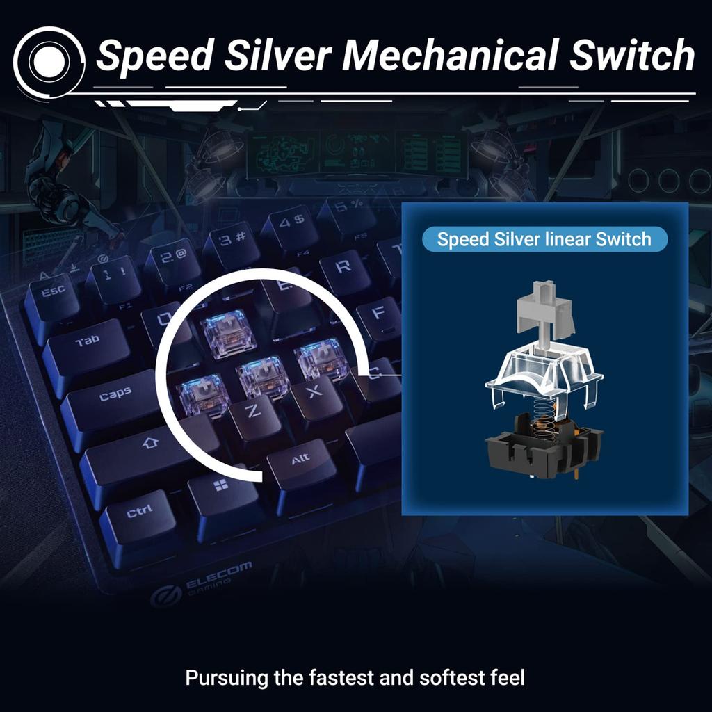 ELECOM VK300S Gaming Keyboard Silver Speed USB V-custom (US Layout), Wired, RGB, Tenkeyless, 65% Mechanical, Switches, Linear, Port, Black,
