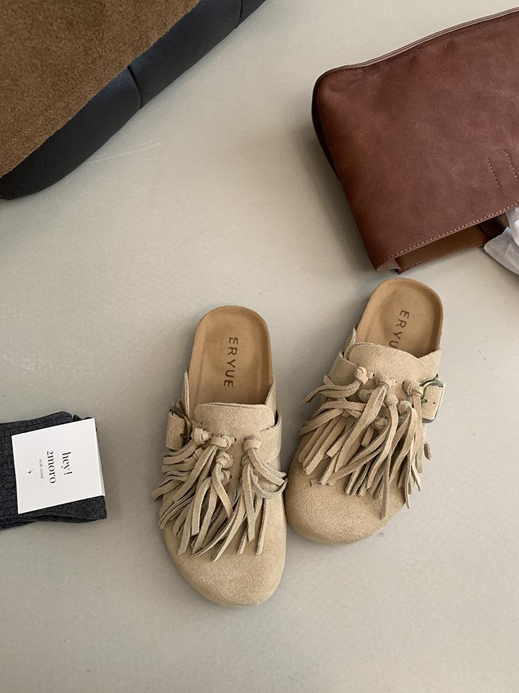 Fashion Genuine Leather Tassel Baotou Half Slippers Women Clogs Cork Insole Sandals With Arch Support Outdoor Beach Slides Home Shoes