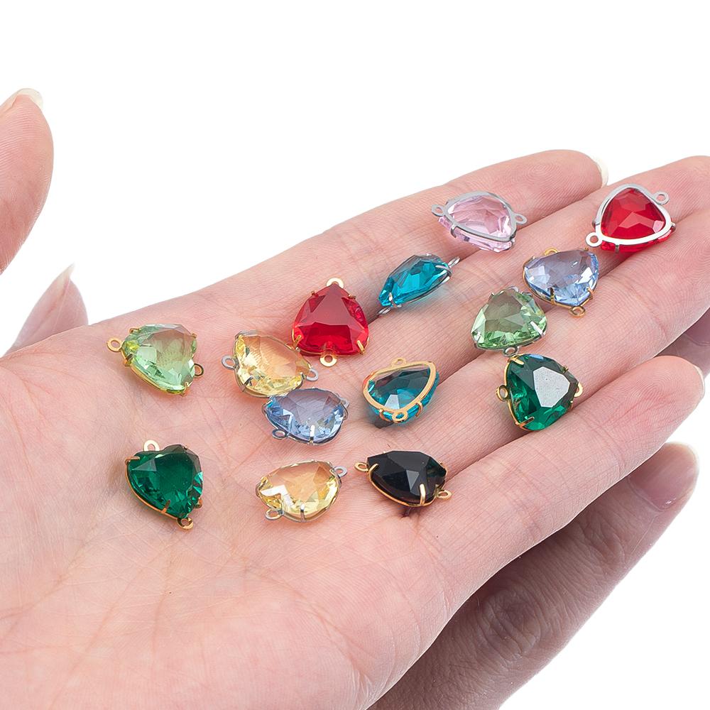 10pcs Glass Heart Pendants Base Stainless Steel Double Hole Colorful Crystal Charms Connector for DIY Necklace Jewelry Makings