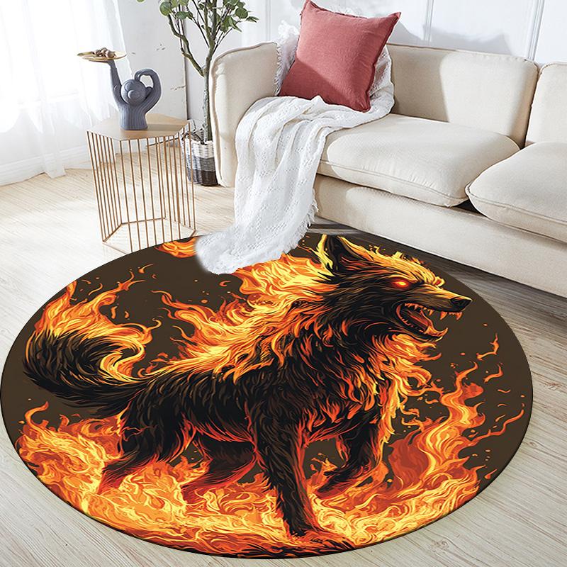 Flaming Wolf Round Area Rug,Carpet Rug for Living Room Bedroom Sofa Playroom Decor,Non-slip Floor Mat