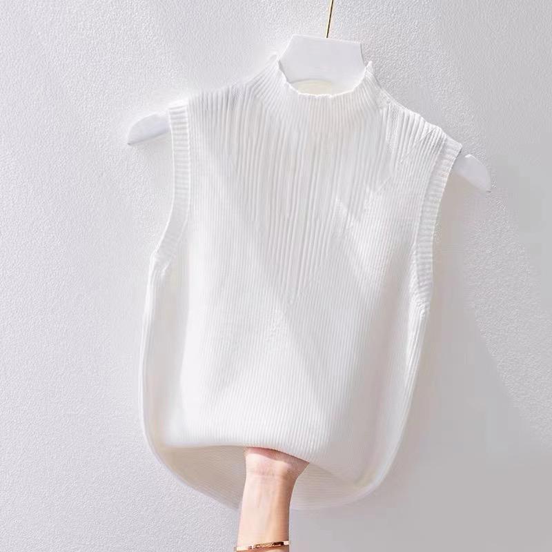 Summer Korean Solid Color Half Turtleneck Sleeveless Casual Knitted Vest For Women