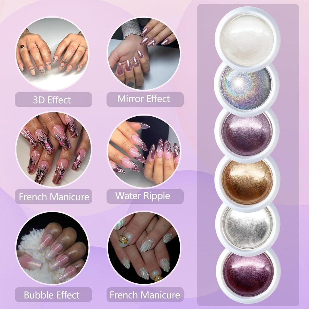 Aurora Mirror Nail Art Set: 6 Color Powder & Blending Sponge