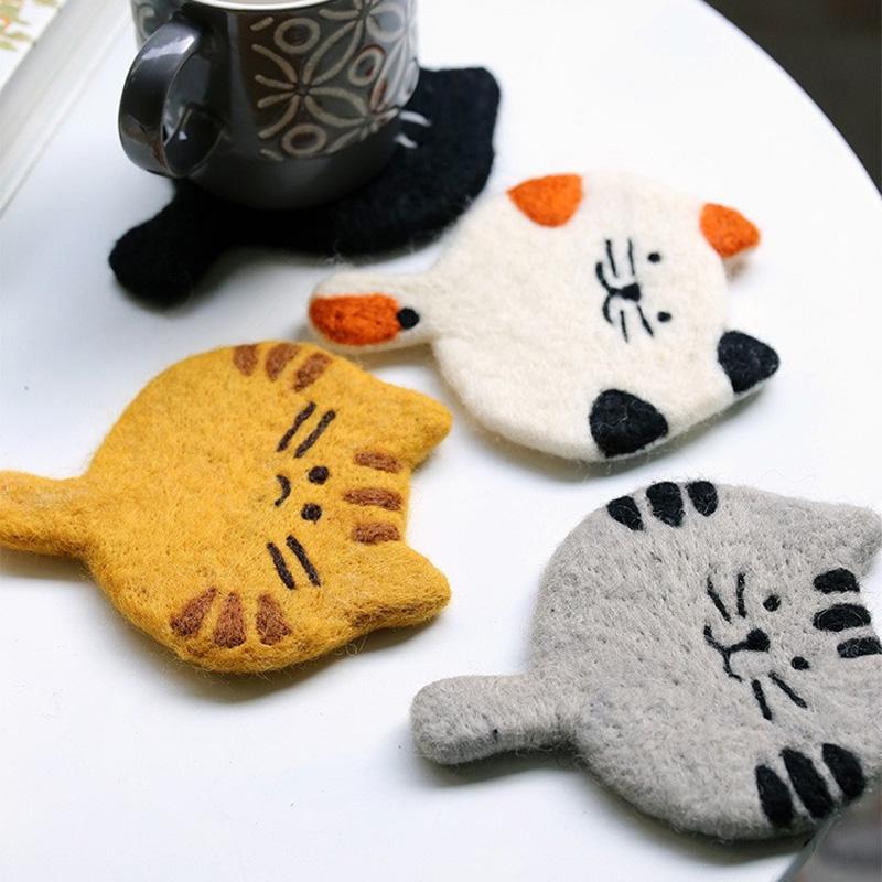 1PC Mugs Cup Cute Table Mat Heatproof For Coffee Cartoon Wool Felt Handmade Placemat Kitten Coaster