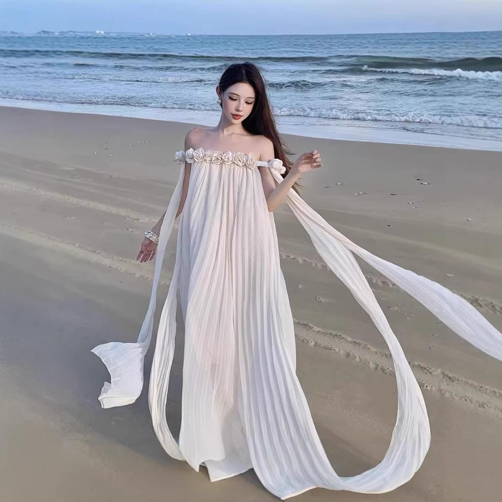 One-word Shoulder French Morning Gown Dress Skirt Heavy Industry Streamer Holiday Wind Mopping Off-the-shoulder Long Skirt