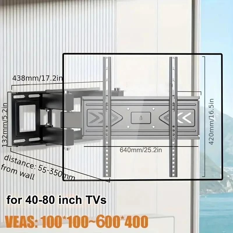 New Full Motion TV Wall Mount for 40-80 Inch TVs, Hold up to 121lbs, Max VESA 600x400mm, Swivel Tilt Dual Arm Easy Assembly
