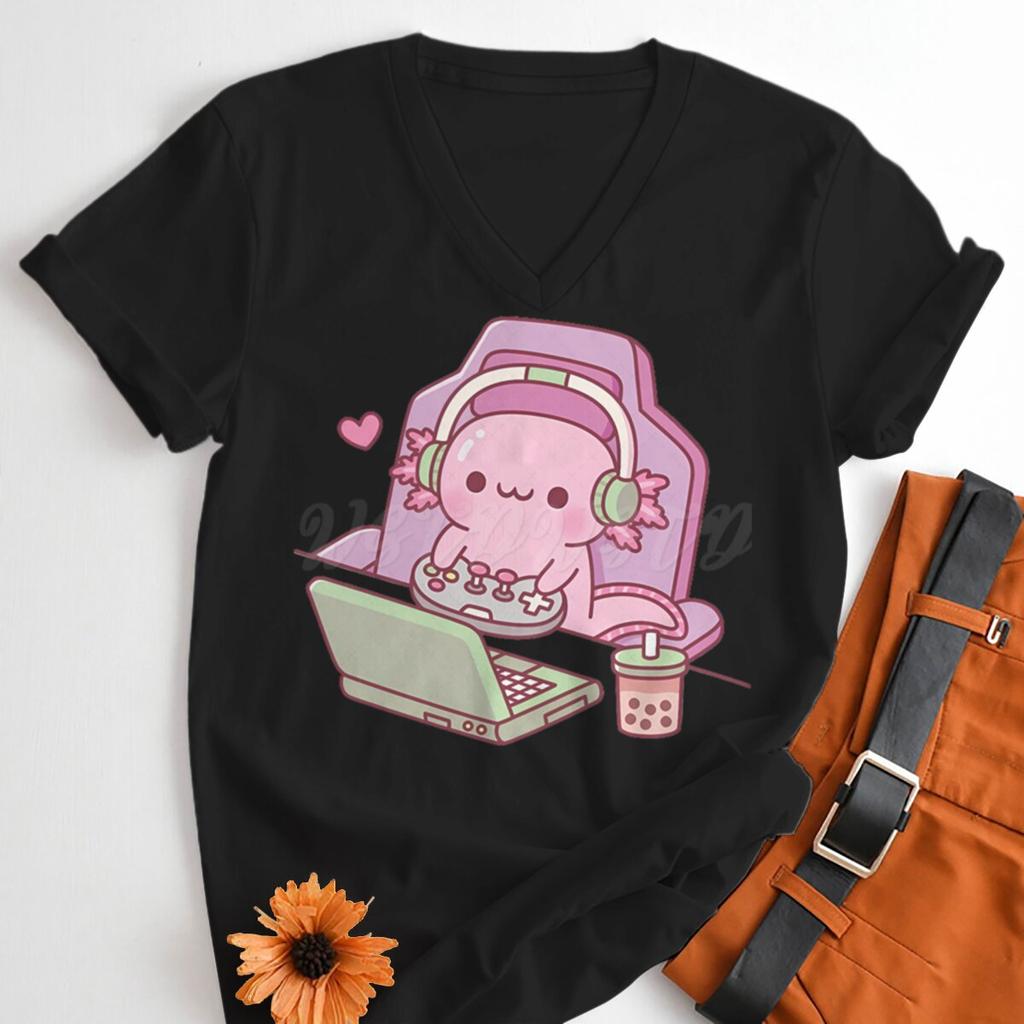 Moterų marškinėliai Mielas axolotlis žaidžiantis žaidimus Spausdinimas Madingi vasariniai viršutiniai drabužiai Bobos arbatos mėgėjas Kawaii marškinėliai Žaidėjas V formos iškirptė Juokingas marškinėlis