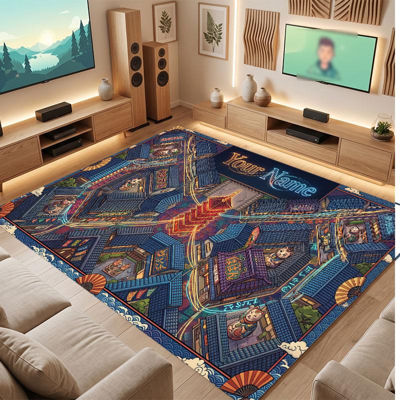 City Cyberpunk Theme Crystal Velvet Floor Rug Personalized Custom Name Text Warm Carpet Home Decoration
