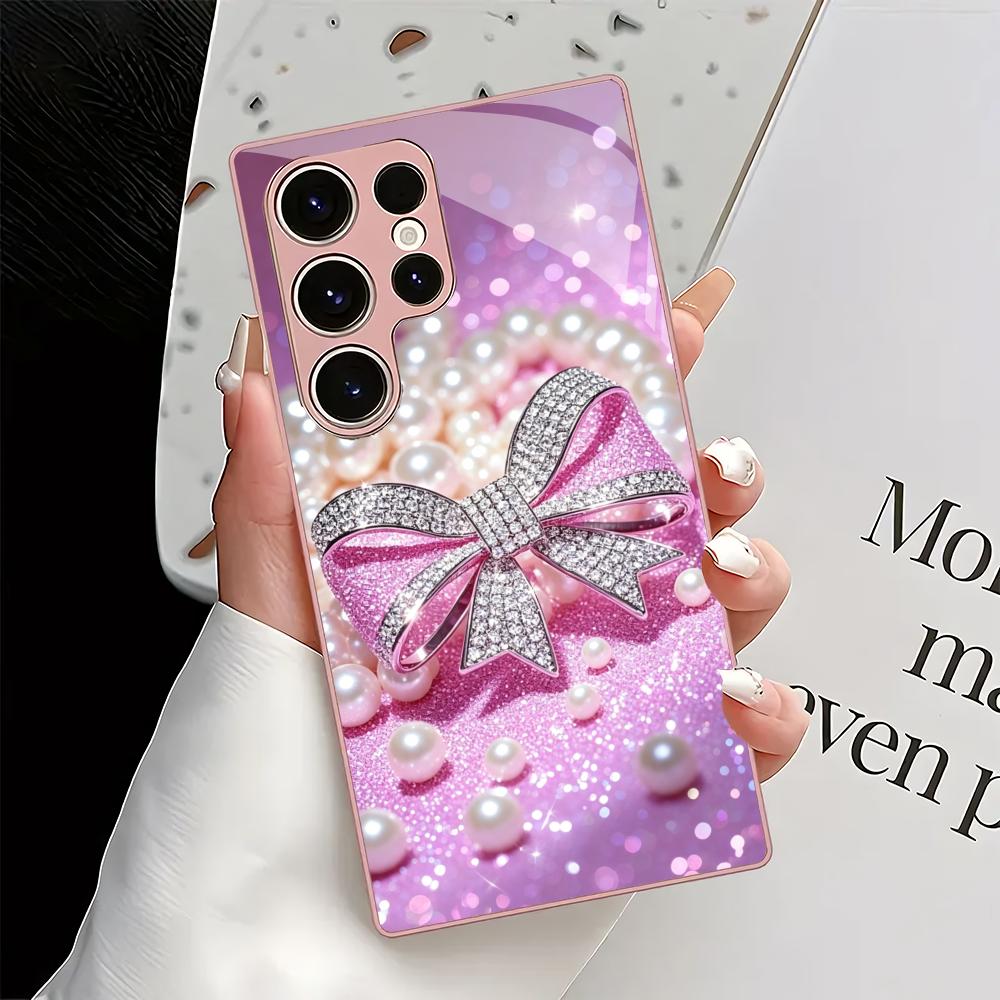 Diamond bow metal paint glass phone case suitable for Samsung Galaxy S26 S25 S24 S22 S21 S20 FE/Ultra/Plus anti drop back cover