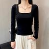 Women's Square Neck Long Sleeve Slim Fit Crop Top Solid Color Elegant Commute Layering T Shirt Base Layer Blouse