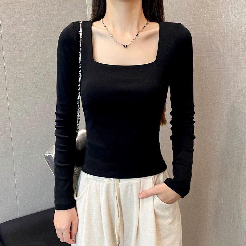 Women's Square Neck Long Sleeve Slim Fit Crop Top Solid Color Elegant Commute Layering T Shirt Base Layer Blouse