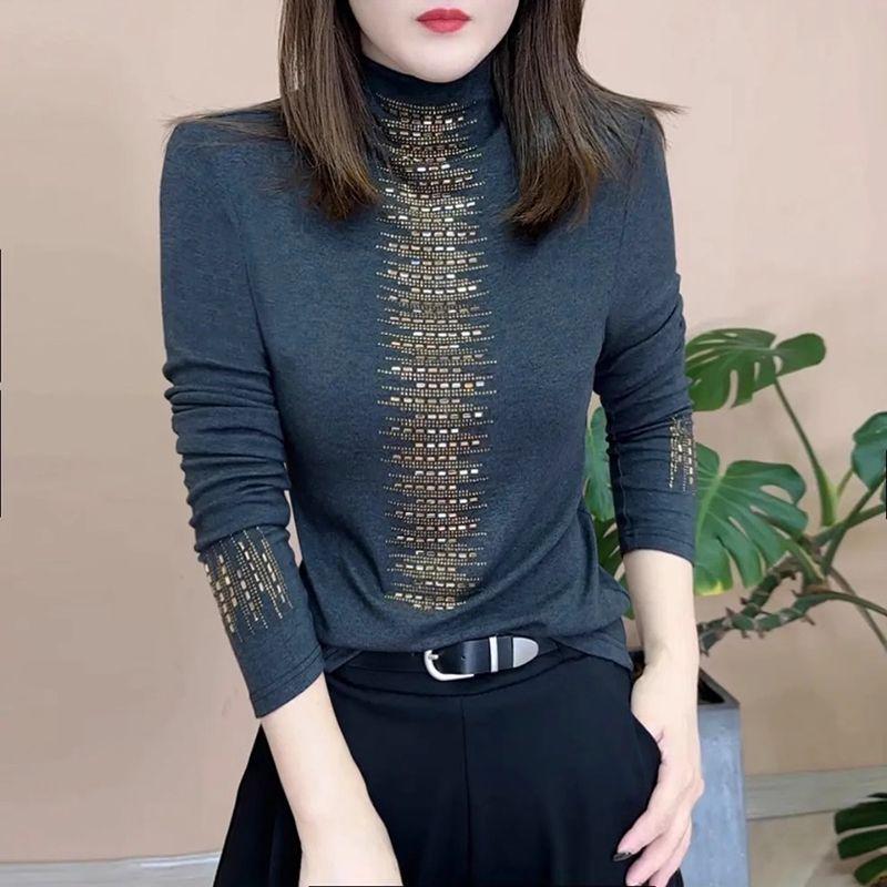 2024 Women's Black Mesh Lace Velvet Top for Autumn/Winter: Trendy Innerwear for Moms