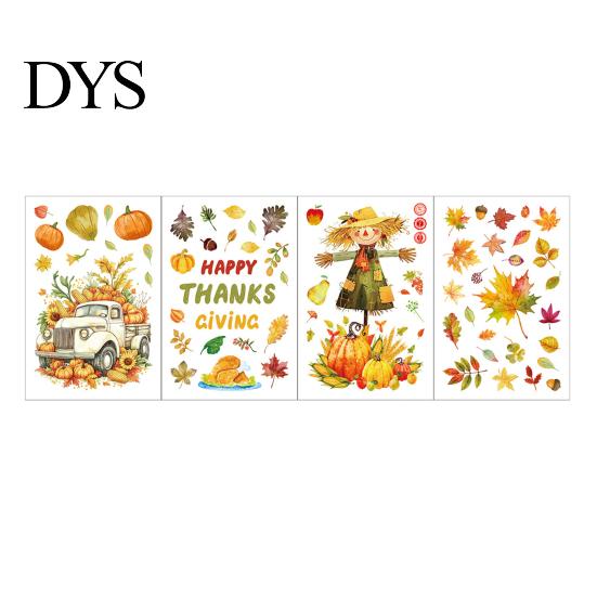Holiday Party Supplies 4 Sheets Autumn Harvest Static Window Stickers, Maple Leaves Pumpkins Scarecrow Pickup Truck Reusable Glass Stickers