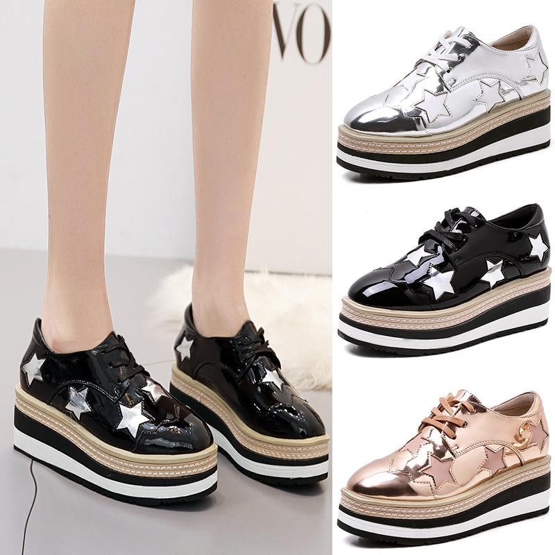 

Туфли на платформе, женские туфли на толстой подошве, новые осенние туфли в британском стиле в полоску на подошве, непромокаемые туфли на платформе со шнуровкой, со звездами