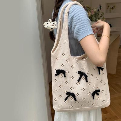 Damska letnia plażowa dzianinowa kokarda wydrążona torba na ramię modna duża pojemność studencka torba na zakupy szydełkowa