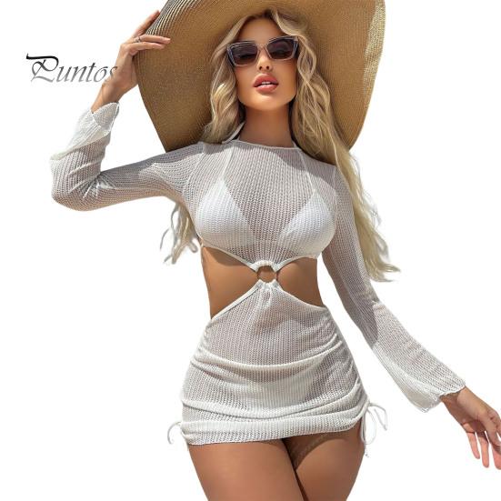 3Pcs/Set Women Bikini Set Halter Bra Lace-up Swimming Trunks Set with See-through Mesh Yarn Cover Up Dress