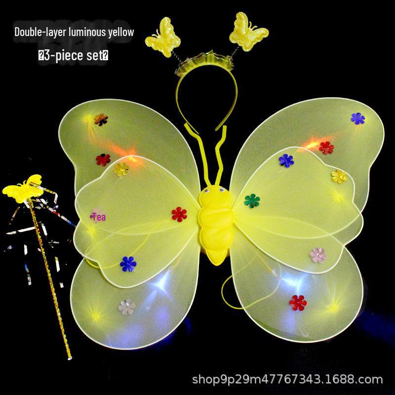 Children's Glow Angel Costume: Girl's Gauze Skirt with Flashing Wings and 20-Light Butterfly Design, 3-Piece Set.