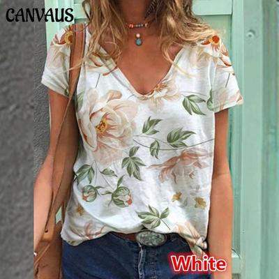 Pullover V-neck Floral Print Short Sleeve Multi-color Loose Women's T-shirt