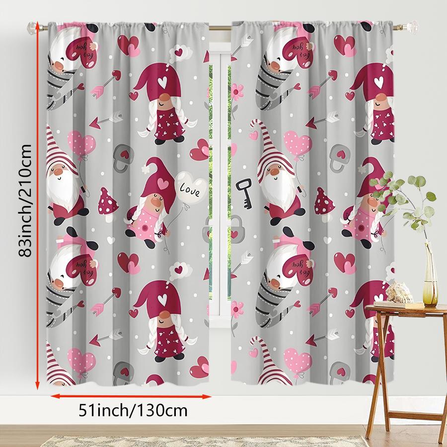 2pcs Cute Love Gnome & Heart Curtains, Perfect for Valentine's Day Window Decor, Whimsical Home Bedroom Living Room Decor